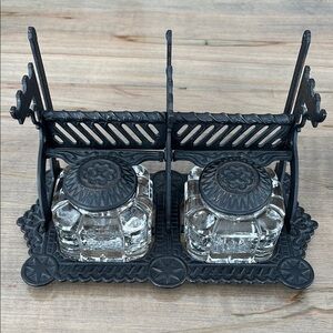 Vintage Black Cast Iron Inkwell Set